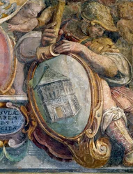Camera da letto, dettaglio del fregio raffigurante città e edifici sotto il controllo dei Medici, il Battistero di S. Giovanni, Firenze (dettaglio)